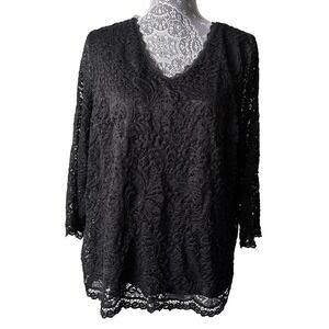 Roz & Ali Woman 1X Black Lace Top Blouse V Neck Long Sleeve Elegant